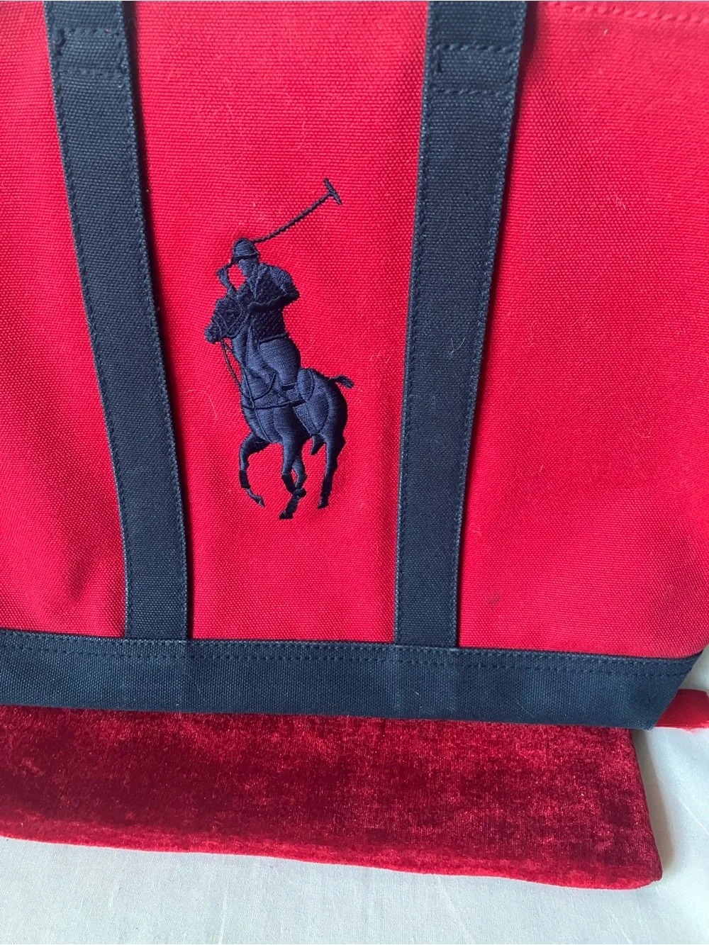 Ralph Lauren Red Navy Blue Thick Canvas Tote Bag Embroidered Pony Logo.